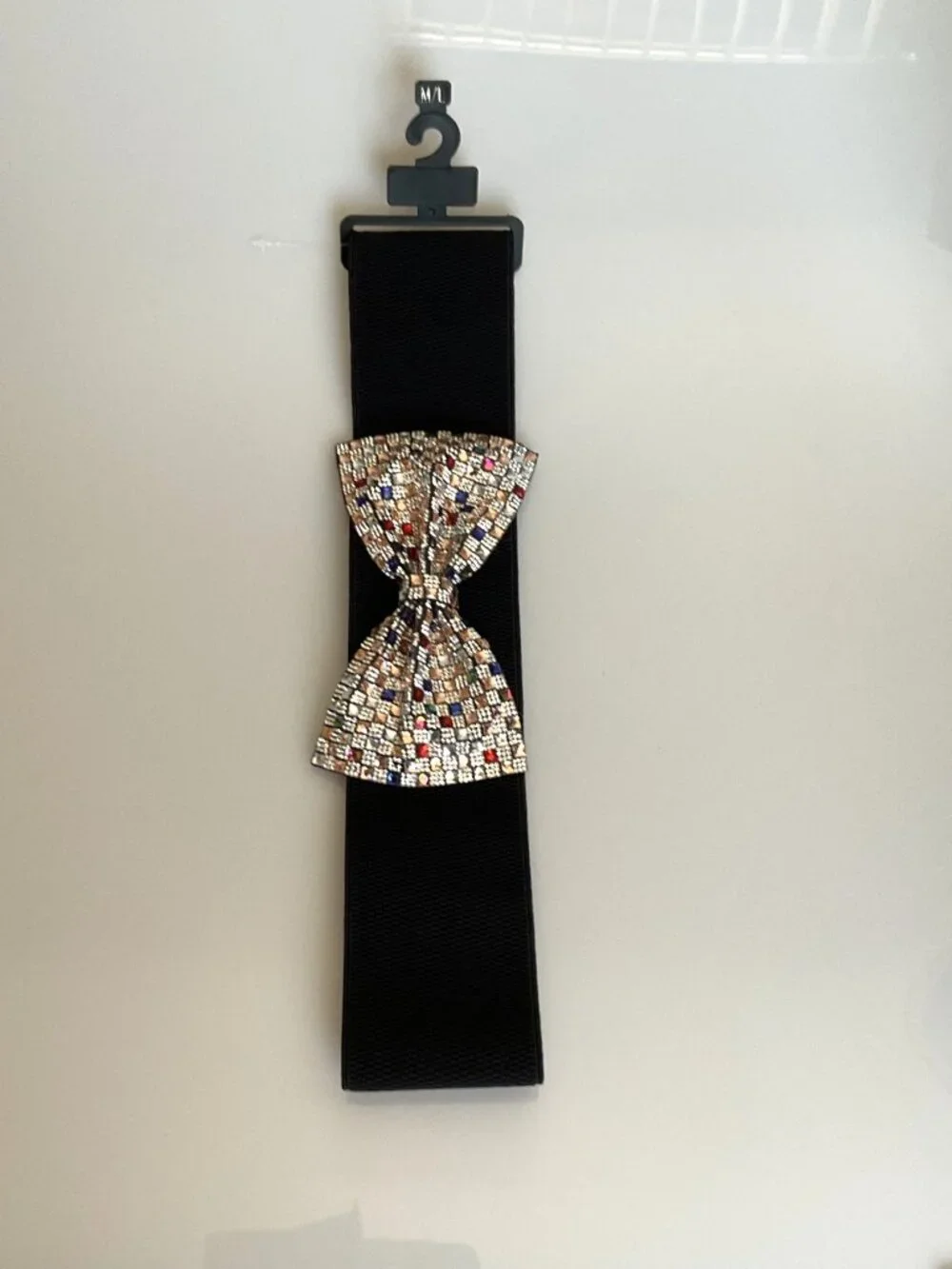NWT Y2K Glam Multicolor Rhinestone Bow Elastic Waist Belt Black M/L Party
